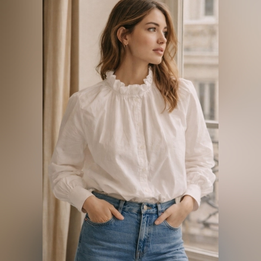 Sezane Soumya Blouse White Ruffle Collar Cotton Shirt Romantic Parisian Size 12